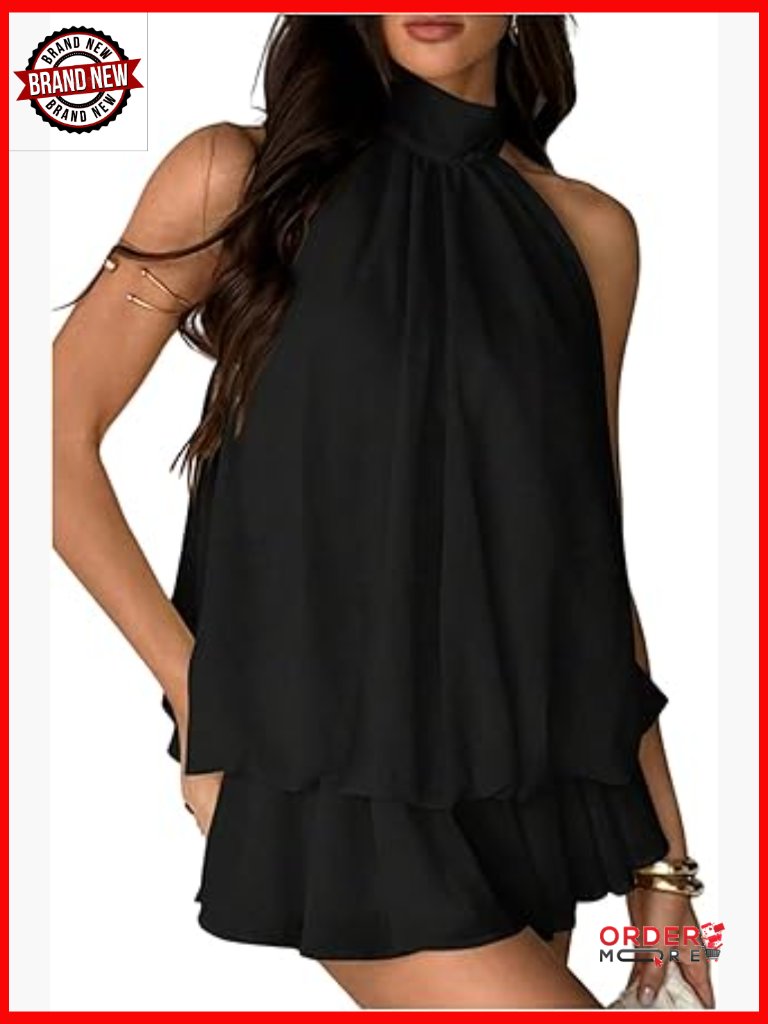 Women's Mesh Open Back Halter Mini Dress - Sleeveless A-Line